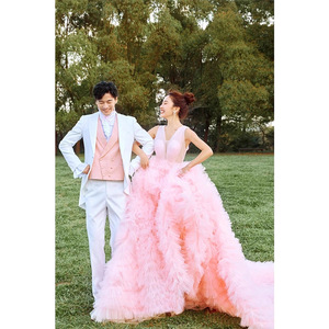 Pink Ball Gown Wedding Dress Sweetheart Neckline Tulle Fabric Natural Waistline Trailing Skirt Candy Color Style - Product Image 2