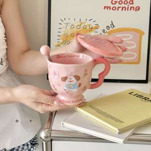 Practical <b>Ceramic</b> Cute Cartoon Couple's <b>Mug</b> with Lid and Spoon for Household Breakfast Coffee & Milk for Parties - Product Image 4