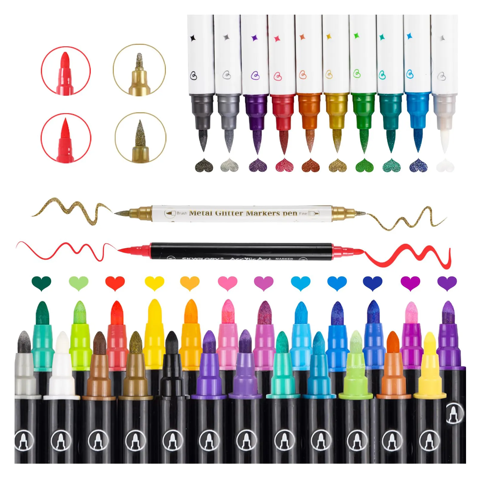34 Colors Include 10 Metal Color Dual Tip Brush Acrylic Paint Pens Set 3 Tips Paint Markers For Kid Adult Art Painting Drawing