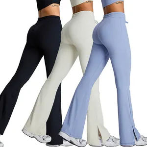 TM0179 Women Ribbed Butt Lift Slit Yoga Flare Leggings With Drawstring Tummy Control Outdoor Fitness Gym Legging Activewear