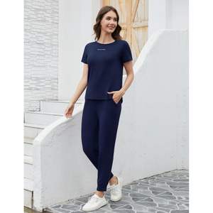 Ensemble de survêtement 2 pièces personnalisé pour femme, haut à col rond et manches courtes, pantalon de jogging, tenue décontractée, tailles S à XXL - Product Image 1