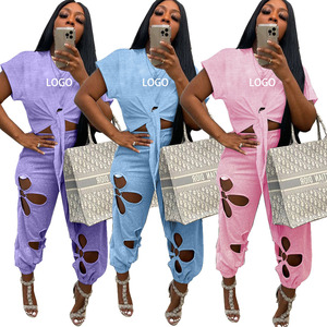 Set di camicia e <span class=keywords><strong>pantaloni</strong></span> in cotone personalizzati donna autunno abbigliamento donna tute sportive da jogging camicia corta scava fuori Set di <span class=keywords><strong>pantaloni</strong></span> da 2 pezzi - Product Image 1