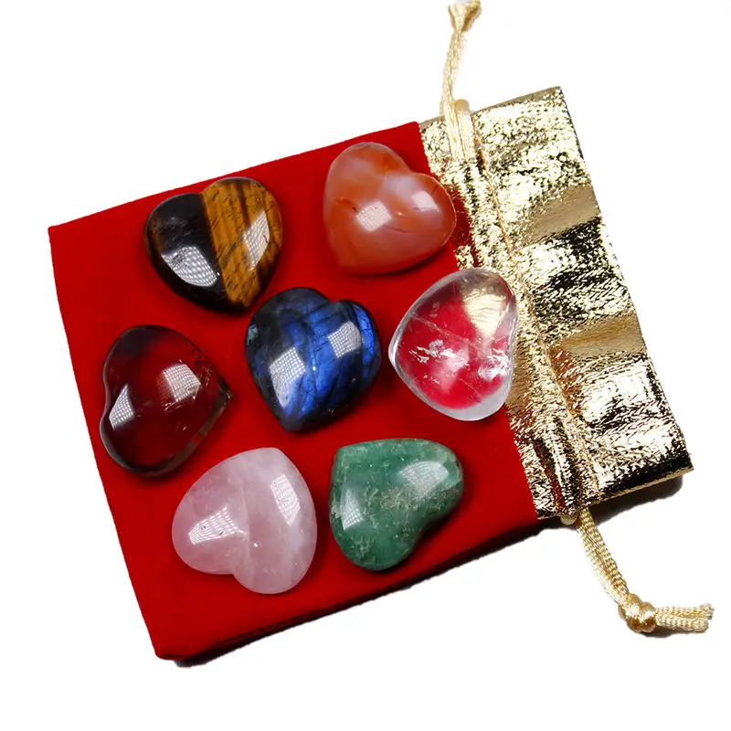 Groothandel Hoge Kwaliteit Natuurlijke Kristal Hart Vormige Stenen Rode Agaat Hart 7 Chakra Stenen Set Voor Gift