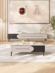Ensemble table basse et meuble TV moderne, armoire de rangement bicolore avec décor rond évidé, mobilier de salon minimaliste - Product Image 1