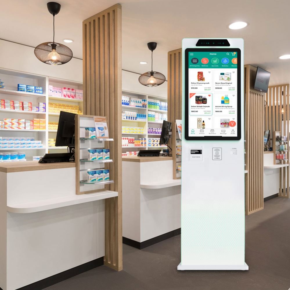 Factory Price 23.6/32'' Curved Cabinet Kiosk With Flexible Touch Screen Receipt Printer Qr Code Display Card Reader Self Kiosk