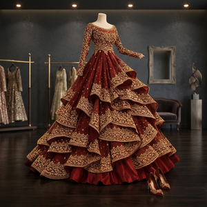 Burgundy Embroidered Lehenga Choli Ruffle Tiered Traditional <b>Dress</b> for Wedding Party Women - Product Image 2