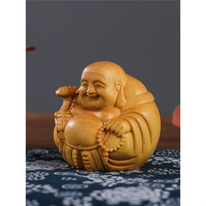 Estatua de Buda Maitreya de madera maciza de boj, tallada a mano, con rostro y gran vientre, artesanía creativa, adorno decorativo. - Product Image 2
