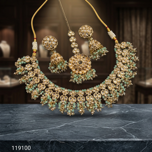Indian Traditional Pearl Kundan Necklace <b>Set</b> Antique Gold Plated Bridal Choker Necklace with Jhumka Earrings and Maang Tikka <b>Set</b> - Product Image 3