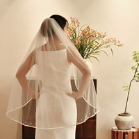 Voile de mariée coréen brodé style ruban, bordure en ruban, blanc, une seule couche, avec appliques de perles et perles
