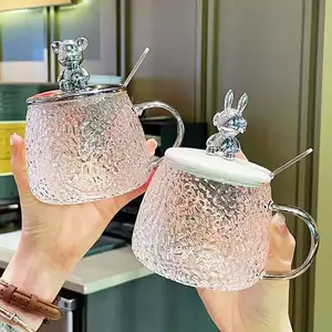 耐熱ガラスかわいいマグウォーターコーヒーオフィス家庭用ティーカップ、クマの蓋とスプーン付き