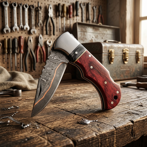 High Quality <b>Copper</b> Damascus Steel Folding Blade Pocket Knife Wholesale Factory Rates wood Handle Tactical Application - Product Image 1