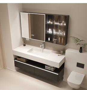 Meuble de salle de bain moderne blanc crème imperméable avec lavabo en céramique monobloc - Product Image 3