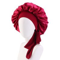 Bonnets de nuit en satin extensibles avec ruban de couleur unie, pour coiffure à domicile, douche, sommeil et tresses, avec long lien élastique