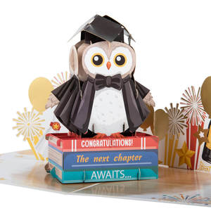 Biglietti d'auguri 3D a scomparsa a tema Gufo di Laurea, con design di toga e cappello e libri con pergamene, <span class=keywords><strong>per</strong></span> la laurea universitaria, regalo di stile e con un tocco di charme - Product Image 1