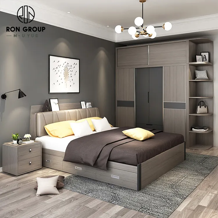 Wholesale Hotel Apartment OEM Bedroom Set Soft Backrest Wooden High Box Platform Storage Bed With Hidden Headboard Storage