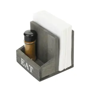 2 Compartment Vintage Gray Square Wood Napkin Holder Rack With Spice Shakers/Condiment Bin