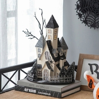 Maison hantée lumineuse en carton 10x8.3x13.5 pouces, décoration de table noire et beige pour les fêtes d'Halloween, alimentée par piles, décoration d'intérieur