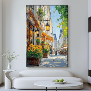 Arte callejero de París, lienzo de paisaje urbano europeo moderno, arte de pared pintado a mano, girasol, café, decoración francesa con pintura al óleo - Product Image 4