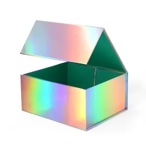 Grosir logo kustom mewah dicetak hologram holografik gloss dilipat kotak kemasan produk holografik lipat kotak hadiah