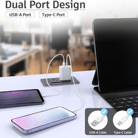 Adaptateur mural de charge rapide USB-C PD QC3.0 20W à double port avec câble tressé et protection OTP pour appareil photo/utilisation électrique (prises EU/US/AU/UK)