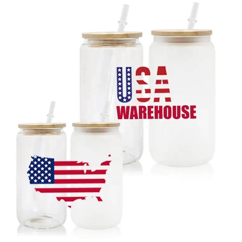 Us Lager versand kostenfrei 16oz matt klar Bierdose geformt Sublimation Bierdose Glas mit Bambus deckel und Plastiks troh halmen