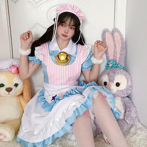 Yi Xiaoyi Maid Costume Women Anime Cosplay Dress With <b>Cat</b> Ears And Bell Pink Striped Apron Adult Size - Product Image 3