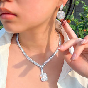 Bling Square Drop Königsblau Zirkonia Halskette und Ohrringe Frauen Party Schmuck Set für Hochzeit Bräute Kostüm zubehör - Product Image 3