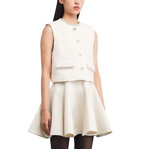 Conjunto de 2 Piezas para Mujer, Chaleco Corto con Cuello Redondo y Estampado de Espiga, Falda Corta con Vuelo, Bolsillo con Botones Decorativos - Product Image 1