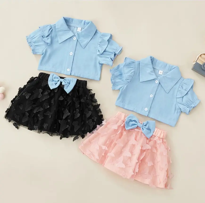 Conjunto de roupas infantis de 2-6 anos, roupas para bebês meninas verão blusa de manga curta trajes top e com laço borboleta