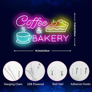 Enseigne au néon <span class=keywords><strong>Café</strong></span> & Pâtisserie, néon Latte Art, enseignes au néon pour bar, décoration murale, LED pour cafés, cuisines et bars à petit-déjeuner - Product Image 5