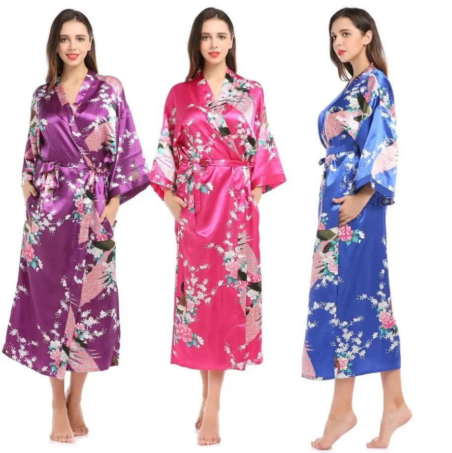 Wholesale Kimono Silk Long Sleeve Robe for Women Floral Print Bridal Long Robe Dressing Gown