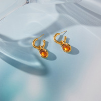 Pendientes Artísticos de Acero Inoxidable 316L con Baño de Oro y Gota de Ámbar, Impermeables, Estilo Vintage, Joyería de Destaque