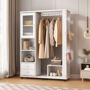<b>Solid</b> <b>Wood</b> Clothes Rack With Storage Shelf And Mirror Bedroom Coat Rack Multi Functional <b>Wardrobe</b> For Home Use - Product Image 2