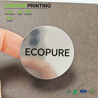 Autocollant circulaire argenté métallique personnalisé avec typographie Ecopure noire pour l'emballage de produits de marque durable, vente en gros en vrac