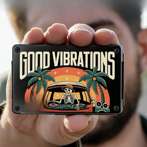 Cartera Metálica con Diseño de Esqueleto DJ y Palmera - Tarjetero con Bloqueo RFID y Grabado, Cartera de Bolsillo Delgada y Minimalista para Hombre - Product Image 1