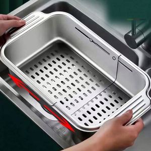 Panier d'égouttage rétractable multifonction moderne en ABS+Silicone+Aluminium pour évier de cuisine, bac à légumes et bols - Product Image 1
