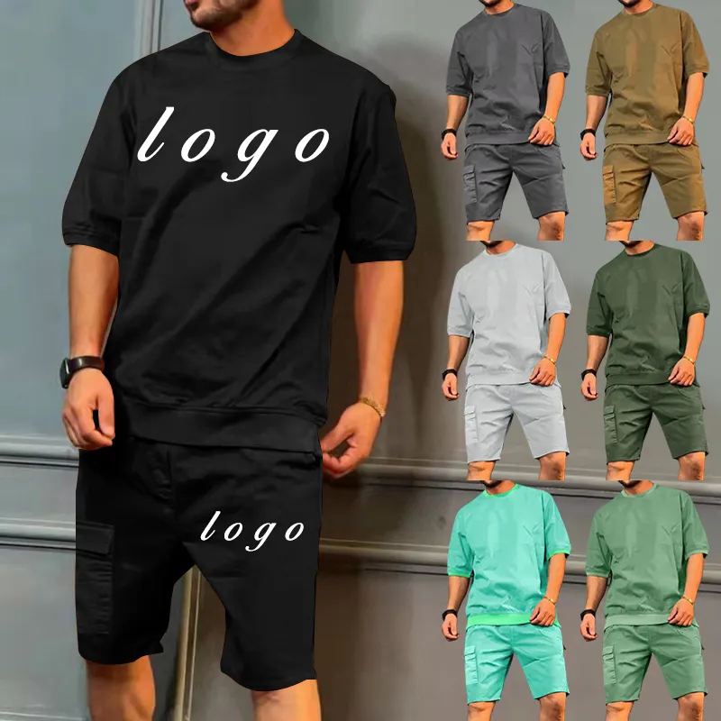 Custom Men Summer hot sale 2 Piece Short Tshirt Set Streetwear Blank T-shirt Shorts track sweat suit two jogger set for men