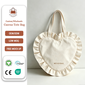 Borsa Tote in Tela a Forma di Cuore con Logo Personalizzato, Borsa a Spalla Casual Resistente e Leggera, Design Spazioso con Finitura a Volant - Product Image 1