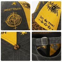 Gorra de Béisbol Retro Lavada con Parches de Leopardo y Bordado de Ojos en Contraste, Estilo Hip Hop Urbano Unisex para Exteriores