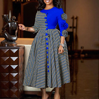 Robe midi de style africain élégante, patchwork, coupe trapèze, pour le bureau, décontractée, manches trois-quarts, boutonnée, tenue de soirée