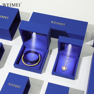 WEIMEI Custom Logo Luxury Blue Drawer Sliding Paper PU <b>Leather</b> Necklace Ring <b>Bracelet</b> Packaging LED Jewelry Box - Product Image 3