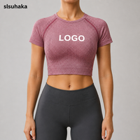 Haut court de yoga sans coutures très extensible pour femme, t-shirt d'entraînement à manches courtes en maille à séchage rapide, vêtement de sport pour la danse et le fitness