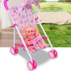 Hot Sale Girl Pretend Play Mini Pink Trolley Eisen rahmen Puppen Wagen Spielzeug Set Musical Schöne Baby puppe Mit Kinderwagen - Product Image 2