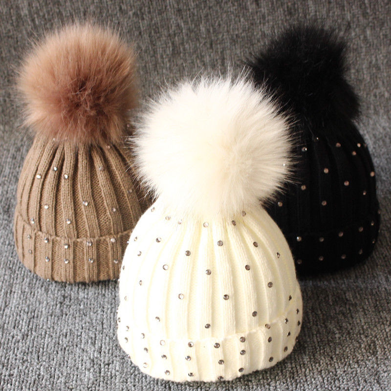 New Arrive Baby Glisten Pompom Ball Beanie Hat Winter Warm Kids Rhinestone Hats Knitted Toddler Sequins Pom Pom Beanies