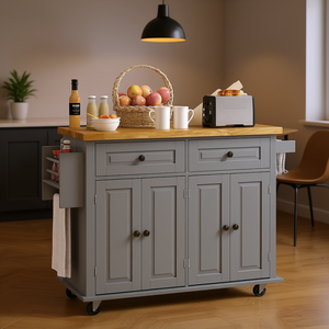 Chariot de cuisine gris avec plateau en bois d'hévéa, 2 tiroirs, étagère à épices, modèle D0100XFFZ6J pour salle à manger - Product Image 2