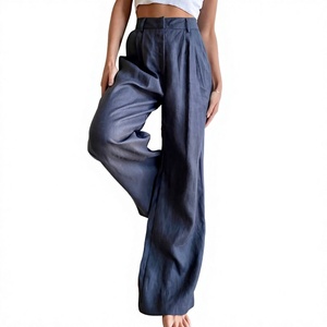Navy Blue Pleated Linen Pants for <b>Women</b> Casual Mid Waist Solid Eco-Friendly Wide Leg Ankle-Length Quick Dry Breathable Summer - Product Image 1