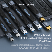 Kabel Data lembut USB 3.1 Tipe C, Hard Drive ponsel, kabel Data transmisi komputer 13cm 22cm, pengisian cepat, datar 100W
