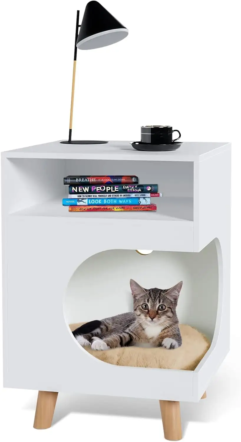 Table de chevet moderne Armoire pour chat en bois Boîte pour chat cachée Bac à litière pour animaux de compagnie Meuble avec étagère ouverte