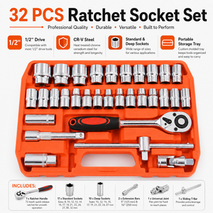 Ensemble d'outils de mécanicien CR-V 32 pièces, douilles profondes standard 1/2 pouce, clé à cliquet, clés hexagonales, pour usage domestique, personnalisable, OEM, coffret rigide - Product Image 4
