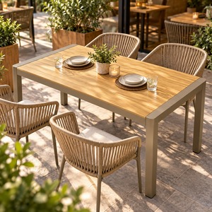 Mesa de Comedor Moderna para Exteriores GDRS, Estructura de Aluminio Color Champán, Tablero de Madera, para Restaurante, Cafetería, Patio - Product Image 4